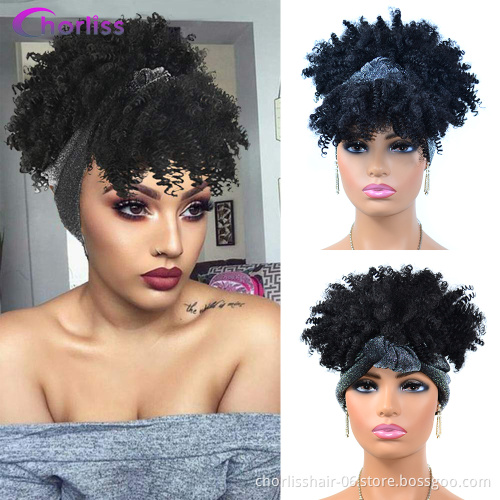 Wholesale Ombre High QualityKinky Curly Turban Wigs Short Heat Resistant Afro Synthetic Headband Attached Wigs For Black  Women